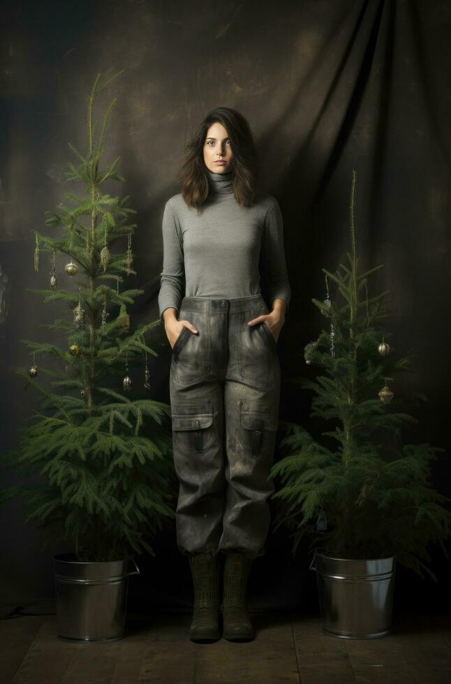 ai gegenereerd een vrouw is Holding een pot met een Kerstmis boom foto