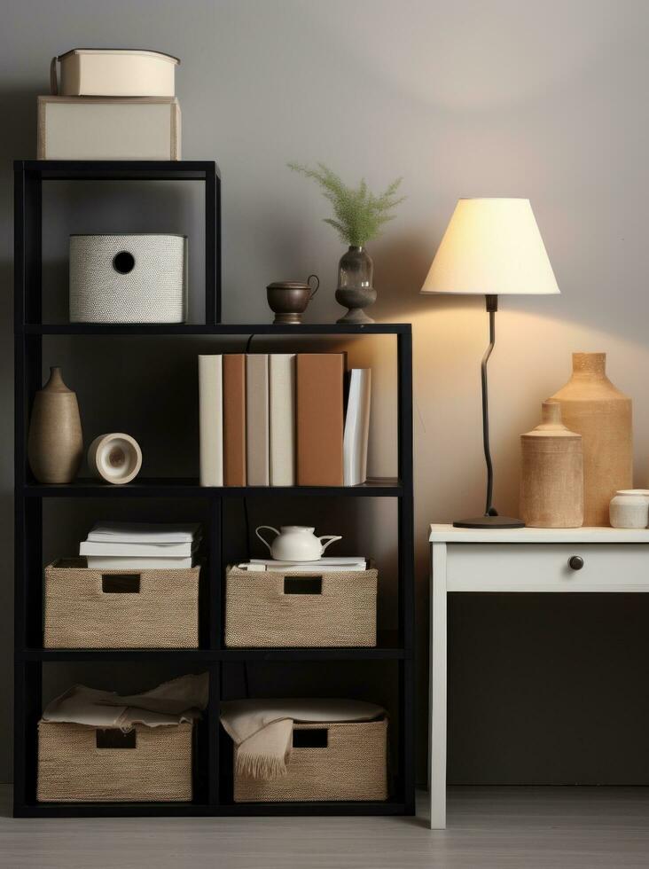 ai gegenereerd een wit plank met een bureau, en wit dozen, manden, en een lamp foto