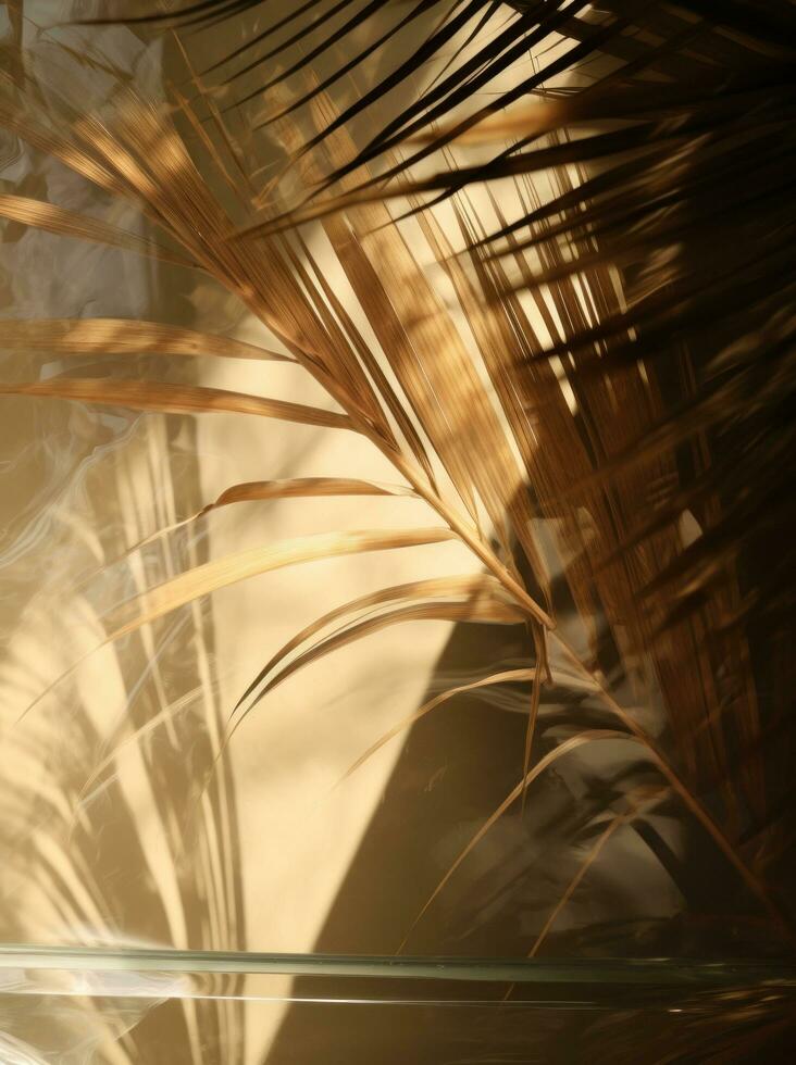 ai gegenereerd een palm blad is getoond in een reflectie in de glas van een venster foto