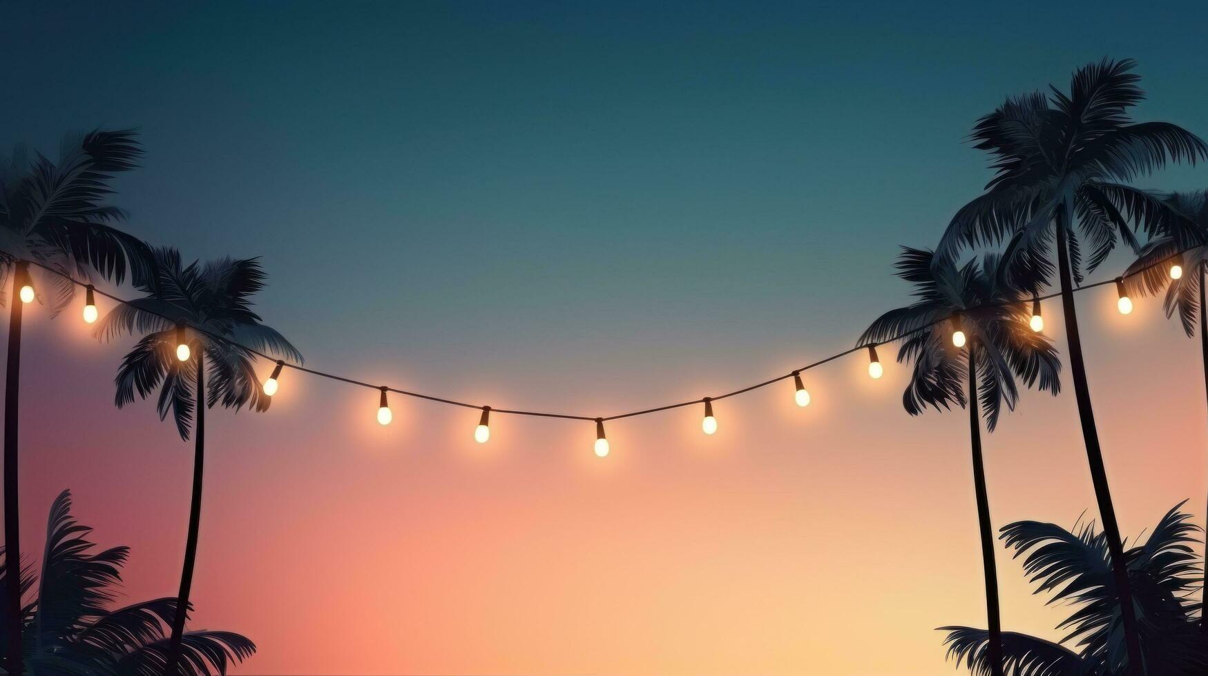 ai gegenereerd zomer nacht partij strand palmen met licht lamp slingers. groot copyspace Oppervlakte, buiten het centrum samenstelling foto