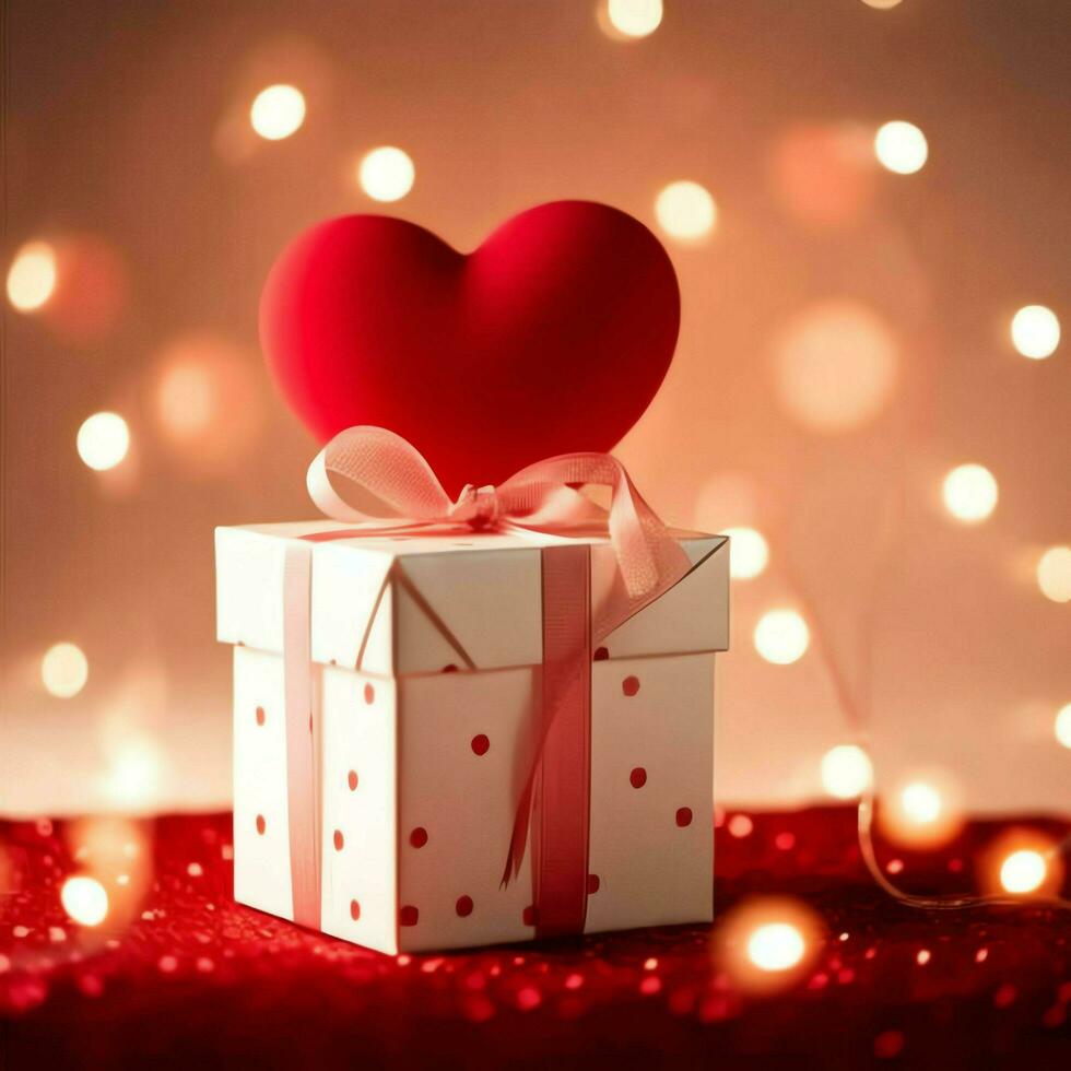 gelukkig Valentijnsdag dag concept met rood geschenk doos en hart vormig ballonnen romantisch banier liefde concept door ai gegenereerd foto