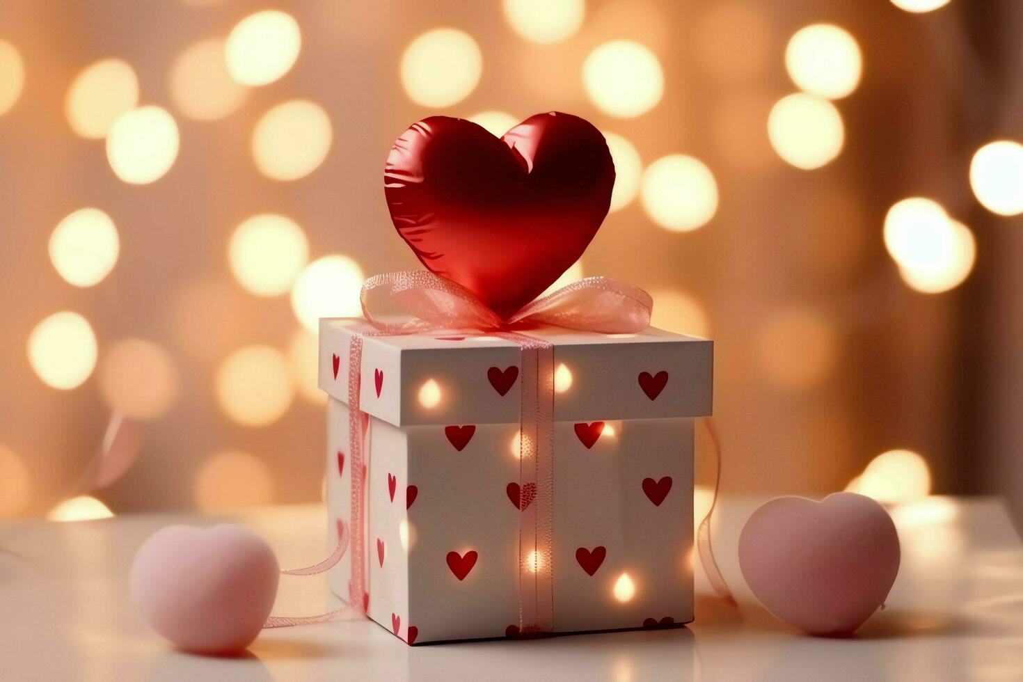 gelukkig Valentijnsdag dag concept met rood geschenk doos en hart vormig ballonnen romantisch banier liefde concept door ai gegenereerd foto