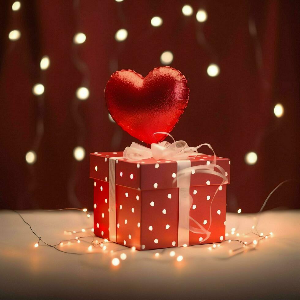 gelukkig Valentijnsdag dag concept met rood geschenk doos en hart vormig ballonnen romantisch banier liefde concept door ai gegenereerd foto