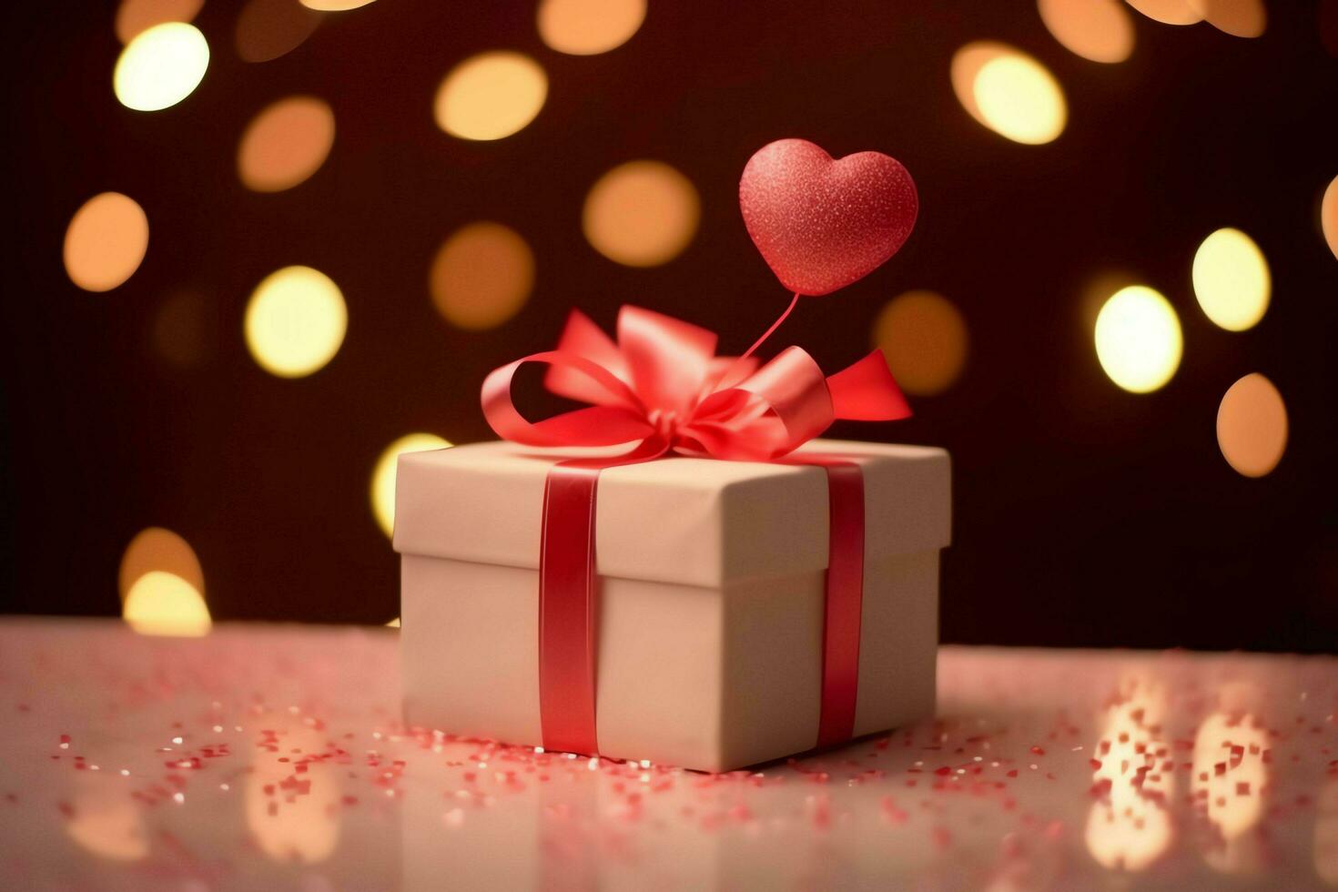 gelukkig Valentijnsdag dag concept met rood geschenk doos en hart vormig ballonnen romantisch banier liefde concept door ai gegenereerd foto