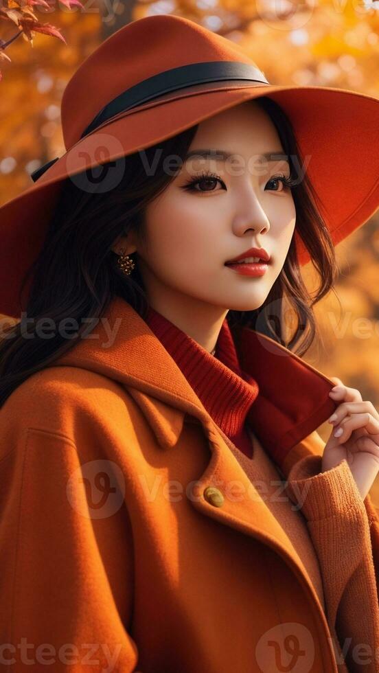 ai gegenereerd een verbluffend realistisch beeld presentatie van een modieus Koreaans vrouw gekleed in de laatste herfst kleding. foto