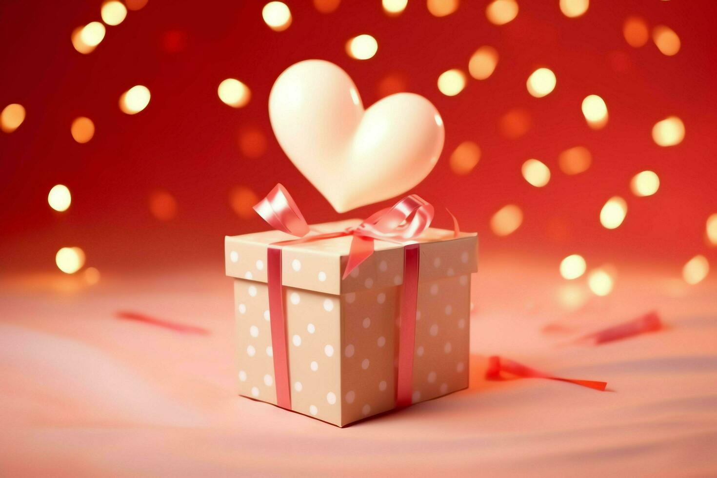 gelukkig Valentijnsdag dag concept met rood geschenk doos en hart vormig ballonnen romantisch banier liefde concept door ai gegenereerd foto