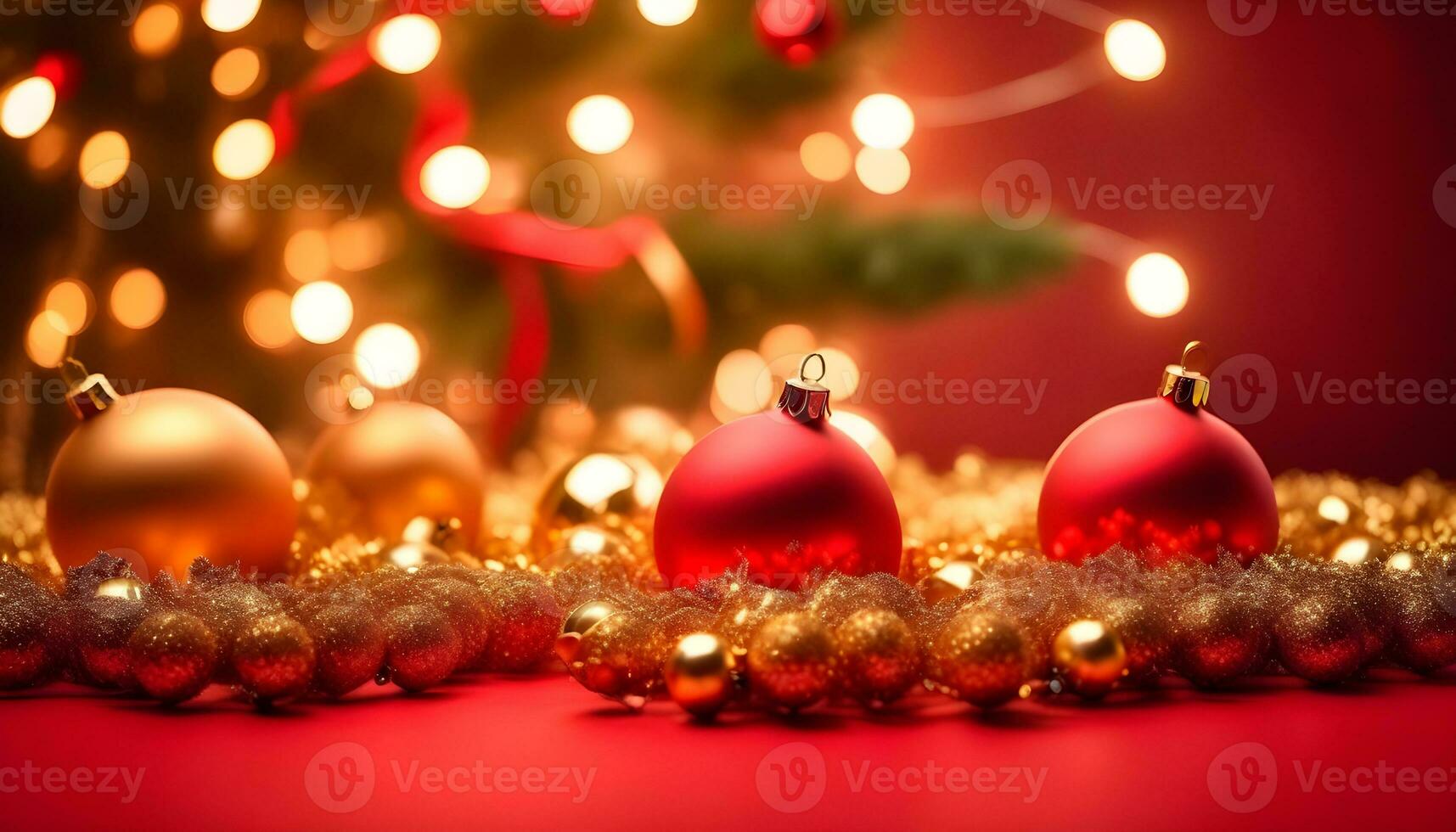 ai gegenereerd rood Kerstmis kleur achtergrond met slinger en Kerstmis ballen ai gegenereerd foto