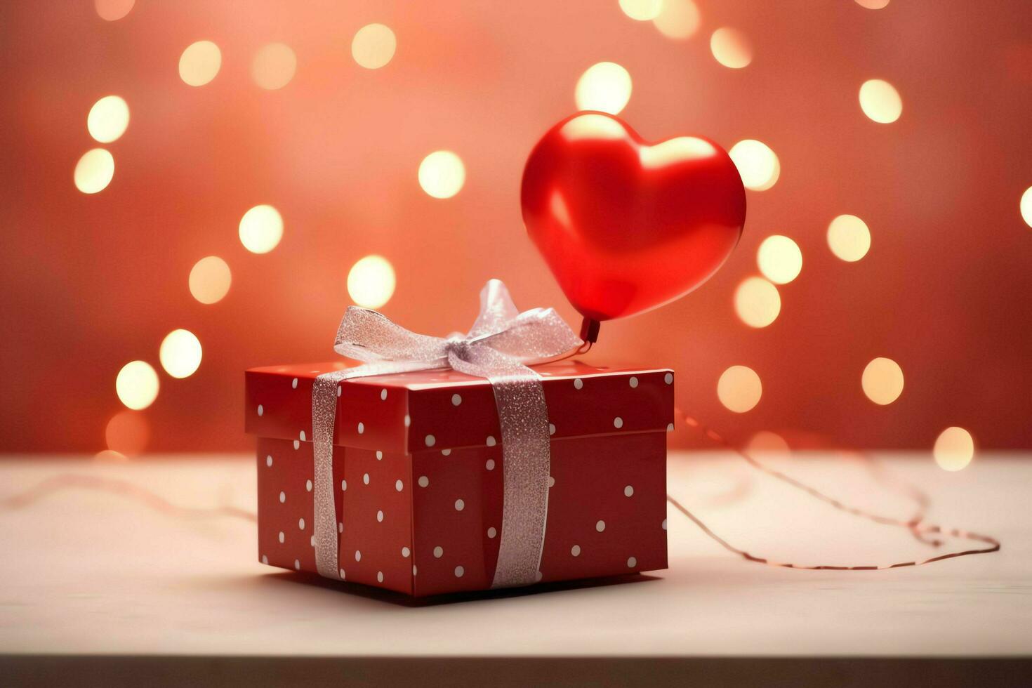 gelukkig Valentijnsdag dag concept met rood geschenk doos en hart vormig ballonnen romantisch banier liefde concept door ai gegenereerd foto