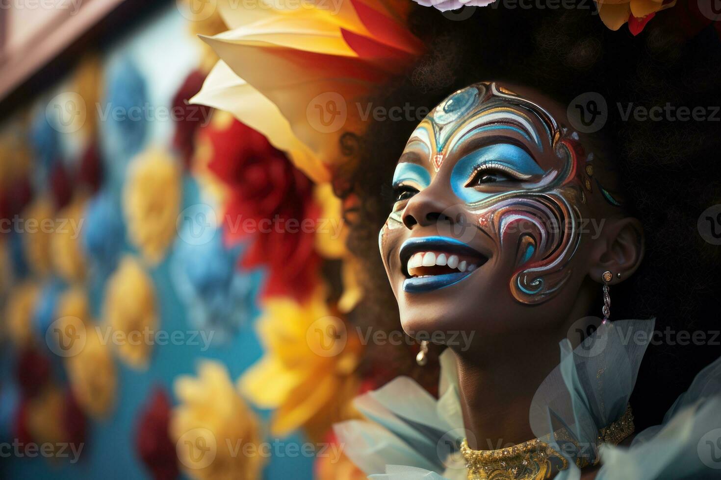 ai gegenereerd straat prestatie carnaval gemaskeerd vrouw, kleurrijk carnaval afbeeldingen foto