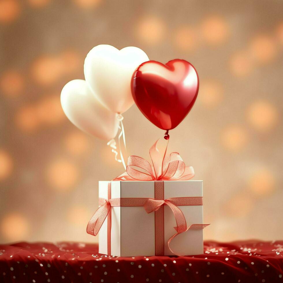 gelukkig Valentijnsdag dag concept met rood geschenk doos en hart vormig ballonnen romantisch banier liefde concept door ai gegenereerd foto