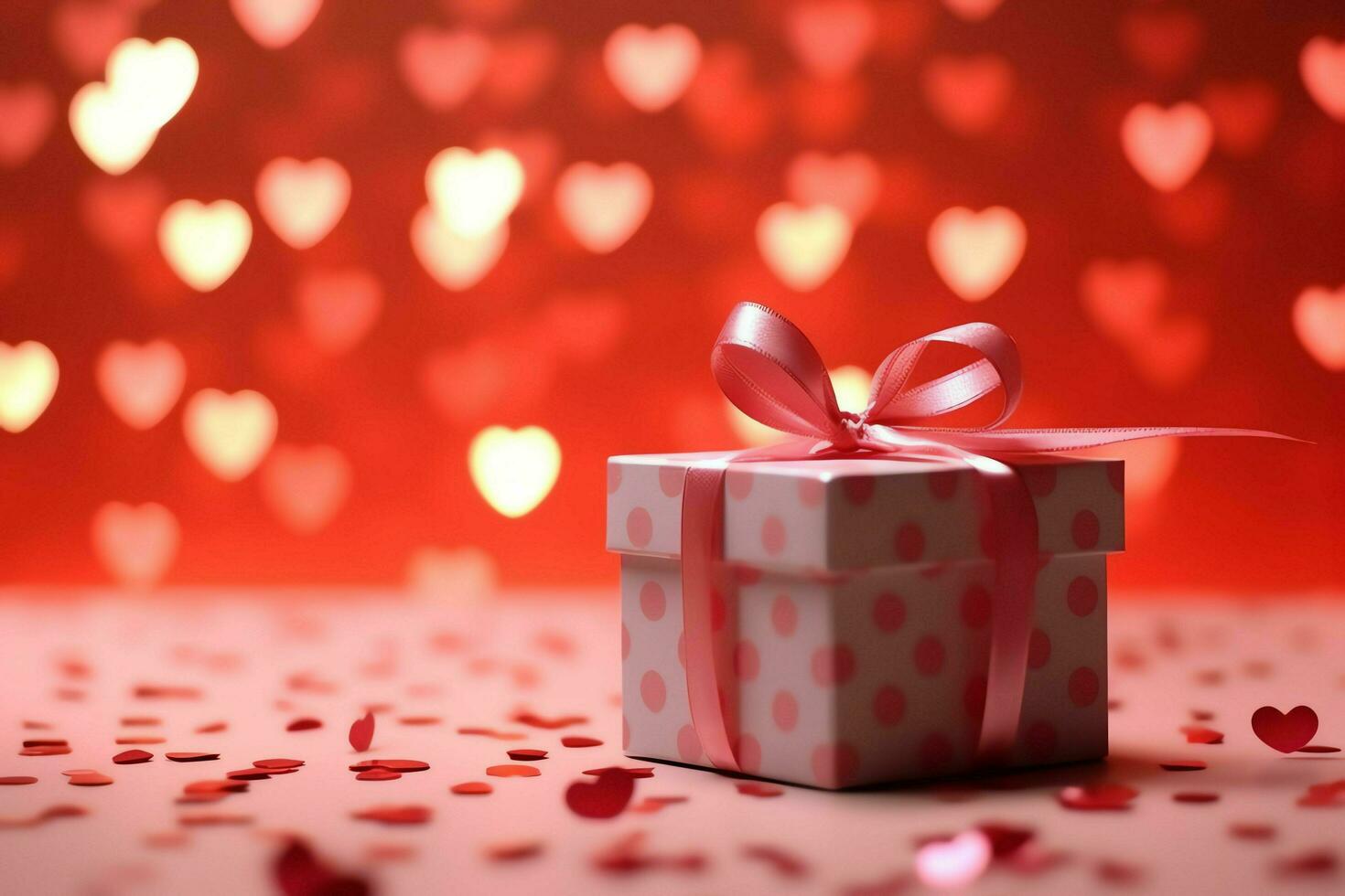 gelukkig Valentijnsdag dag concept met rood geschenk doos en hart vormig ballonnen romantisch banier liefde concept door ai gegenereerd foto