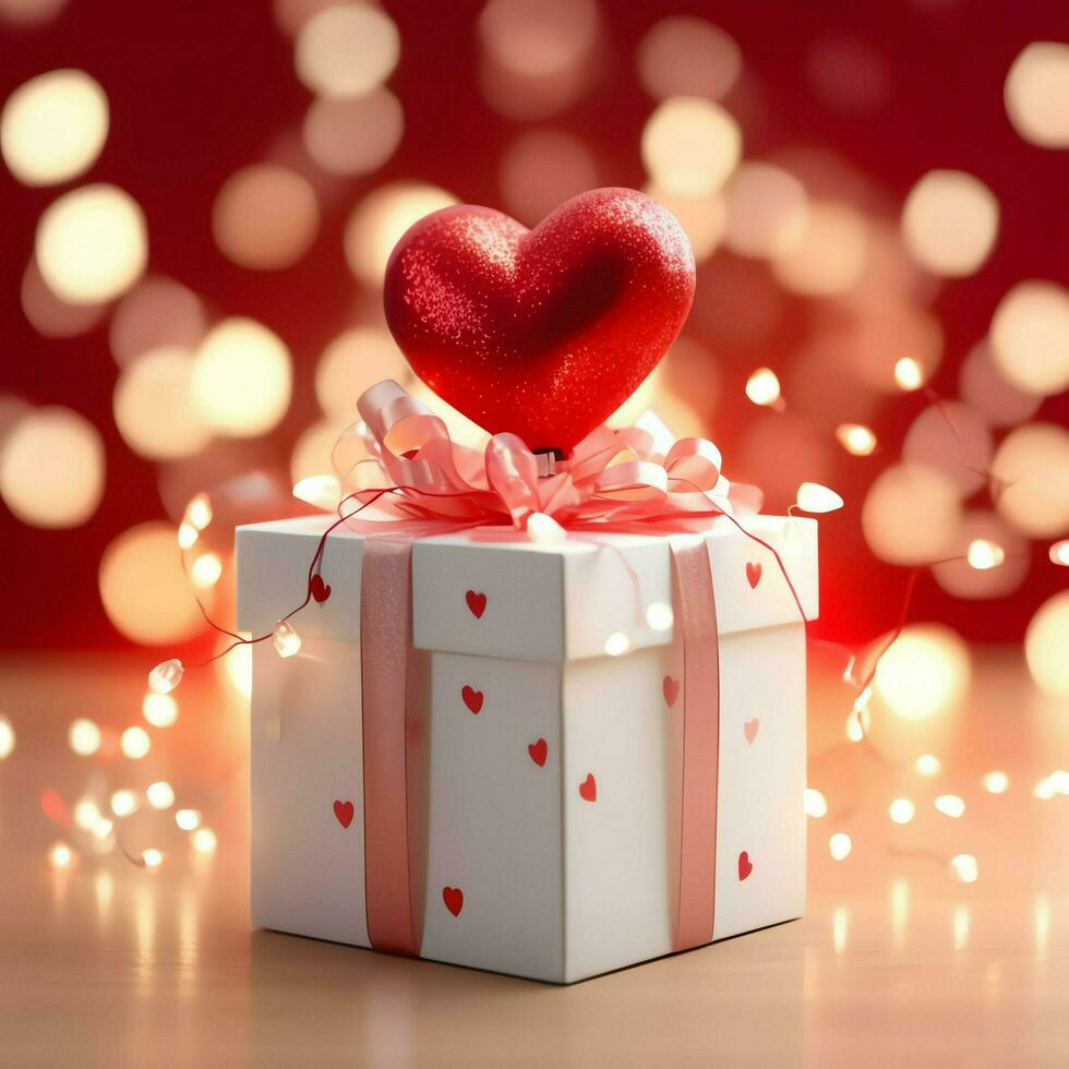 gelukkig Valentijnsdag dag concept met rood geschenk doos en hart vormig ballonnen romantisch banier liefde concept door ai gegenereerd foto