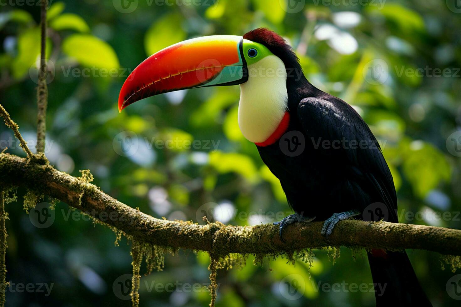 ai gegenereerd levendig kiel gefactureerd toekan temidden van panama's rijk vegetatie een boeiend dieren in het wild tafereel ai gegenereerd foto