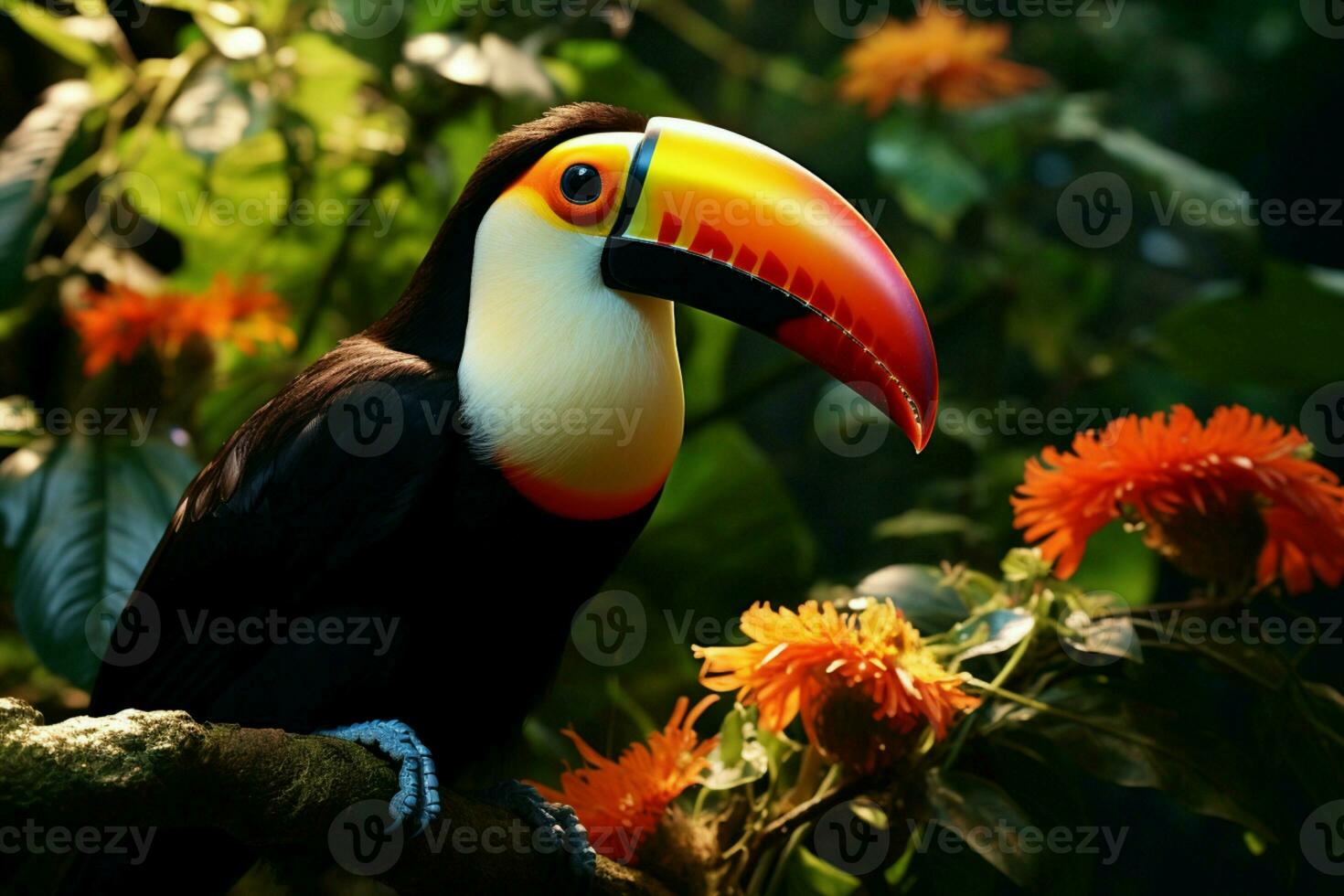 ai gegenereerd levendig kiel gefactureerd toekan temidden van panama's rijk vegetatie een boeiend dieren in het wild tafereel ai gegenereerd foto