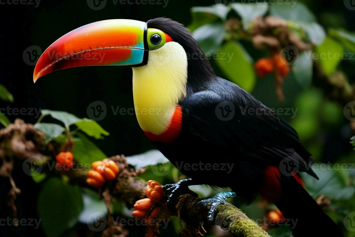 ai gegenereerd kiel gefactureerd toekan neergestreken Aan een Woud Afdeling in panama's weelderig groen ai gegenereerd foto