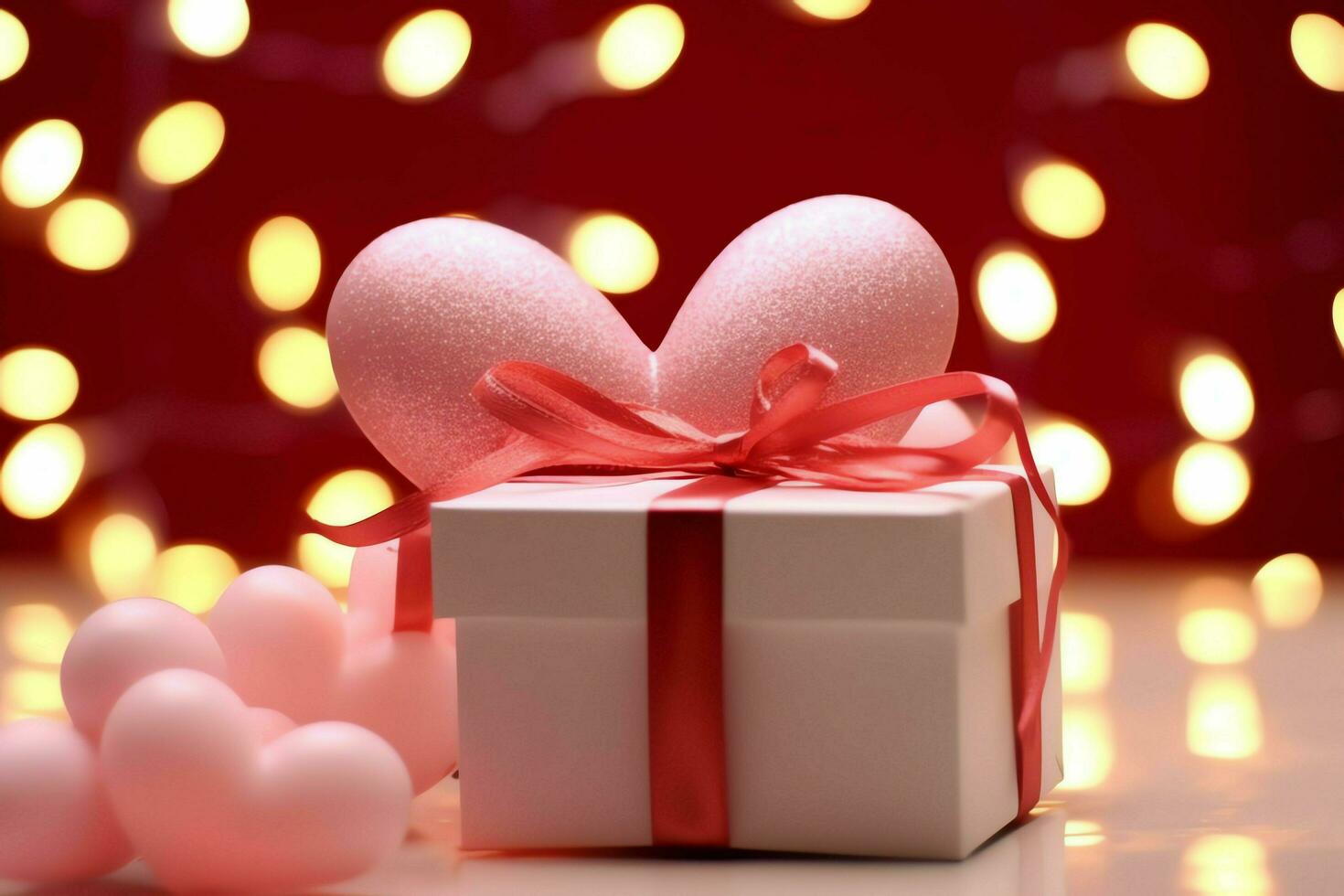 gelukkig Valentijnsdag dag concept met rood geschenk doos en hart vormig ballonnen romantisch banier liefde concept door ai gegenereerd foto