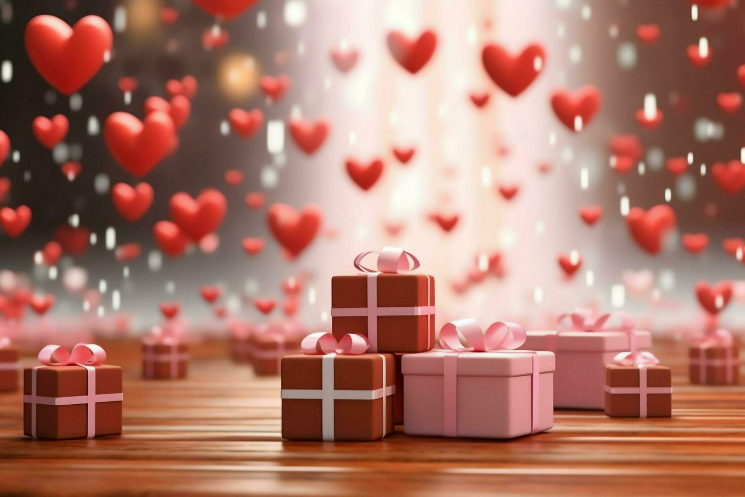 gelukkig Valentijnsdag dag concept met rood geschenk doos en hart vormig ballonnen romantisch banier liefde concept door ai gegenereerd foto