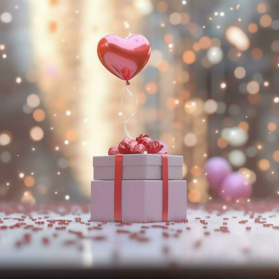 gelukkig Valentijnsdag dag concept met rood geschenk doos en hart vormig ballonnen romantisch banier liefde concept door ai gegenereerd foto