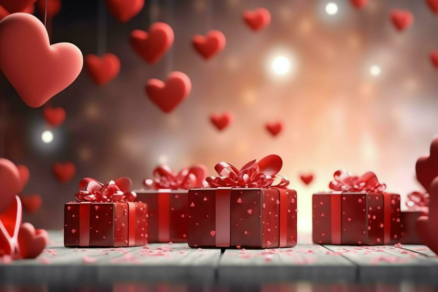 gelukkig Valentijnsdag dag concept met rood geschenk doos en hart vormig ballonnen romantisch banier liefde concept door ai gegenereerd foto