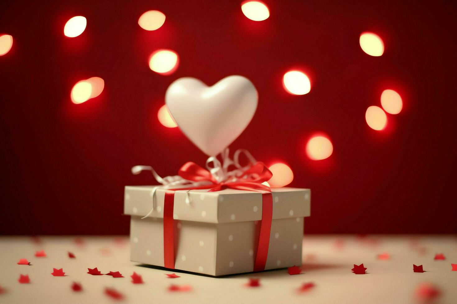 gelukkig Valentijnsdag dag concept met rood geschenk doos en hart vormig ballonnen romantisch banier liefde concept door ai gegenereerd foto