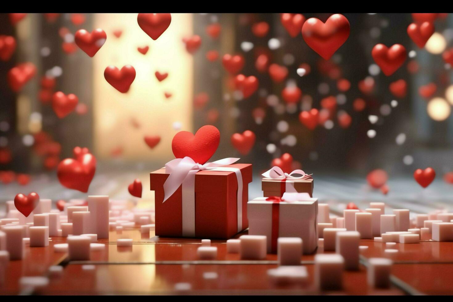 gelukkig Valentijnsdag dag concept met rood geschenk doos en hart vormig ballonnen romantisch banier liefde concept door ai gegenereerd foto