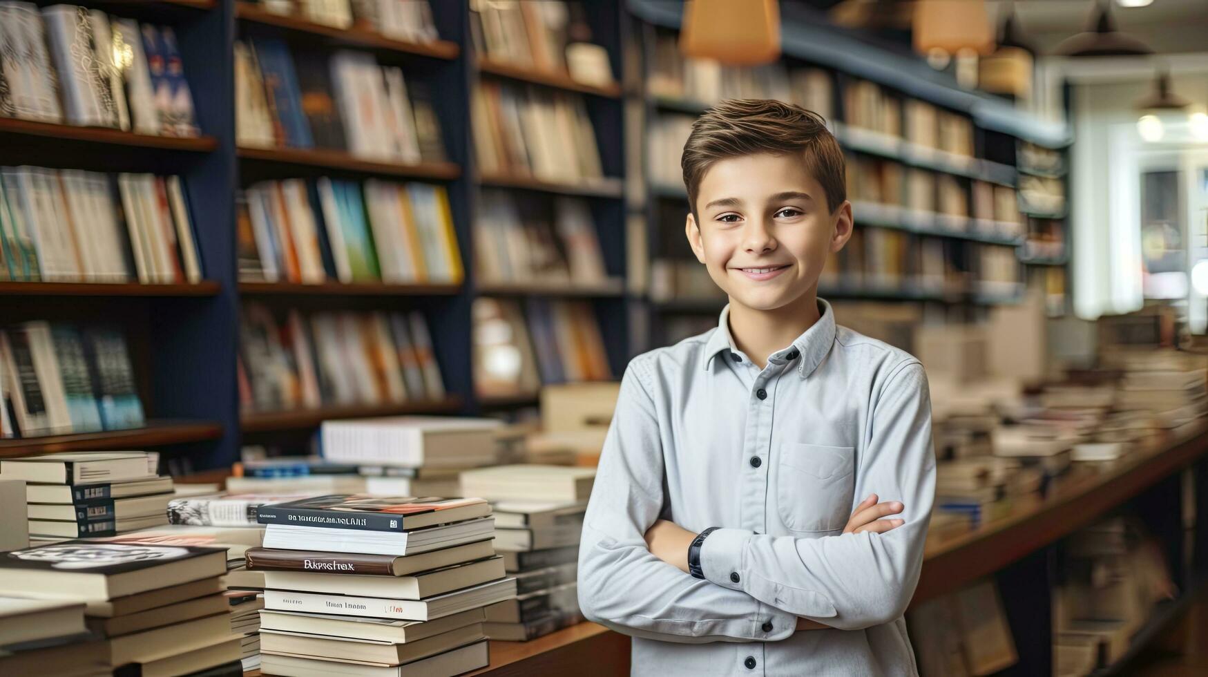 ai gegenereerd een 10 jaar oud jongen staat met zijn armen gevouwen in een boekhandel tussen schappen van boeken. terug naar school- concept. foto