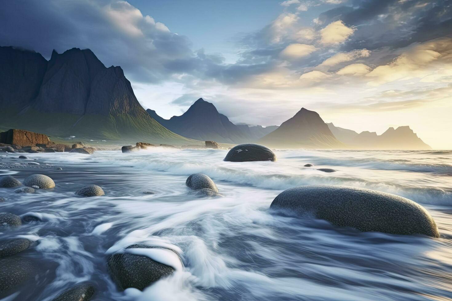 ai gegenereerd uttakleiv strand,met dramatisch bergen en pieken, Open zee en beschut baaien, stranden en onaangeroerd landt. ai gegenereerd foto