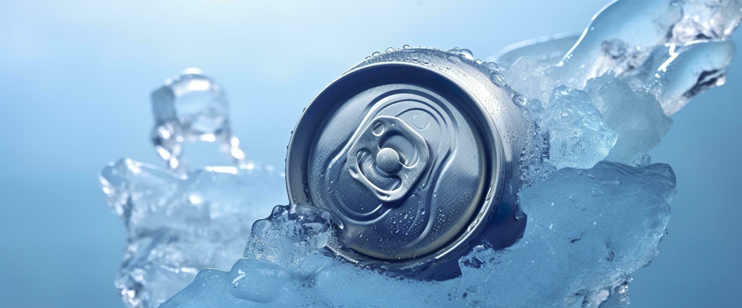 ai gegenereerd top van drinken blik kan bevroren ondergedompeld in vorst ijs, metaal aluminium drank. generatief ai foto