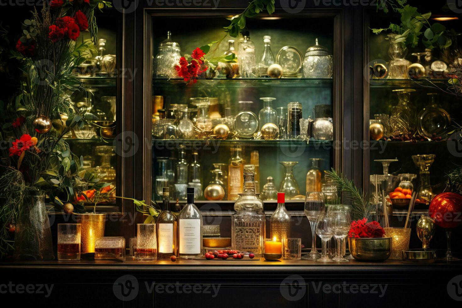 ai gegenereerd Kerstmis cocktail bar, fijnproever vakantie drankjes, versierd met vers kruiden, eetbaar bloemen foto