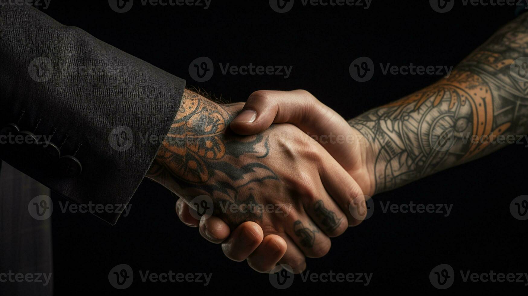 ai gegenereerd tatoeëren handdruk twee zakenlieden betekent: geslaagd overeenkomst zwart achtergrond. generatief ai foto