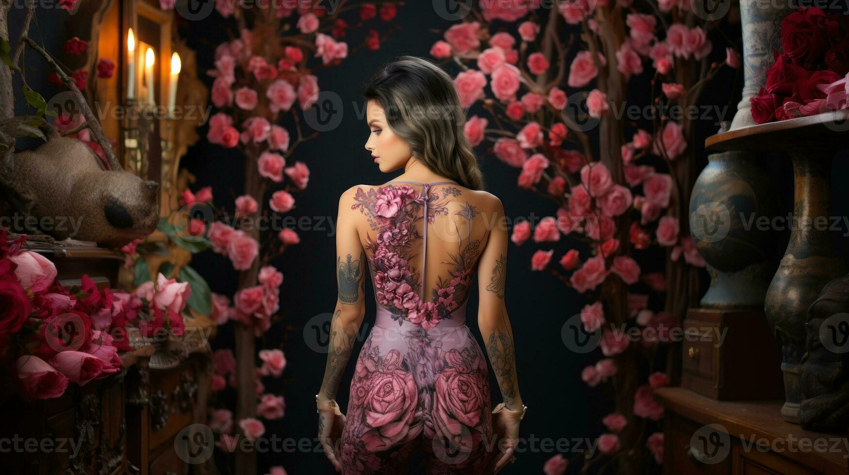 ai gegenereerd mode stijl, model- testen. getatoeëerd mooi sexy vrouw met tatoeëren rug. foto