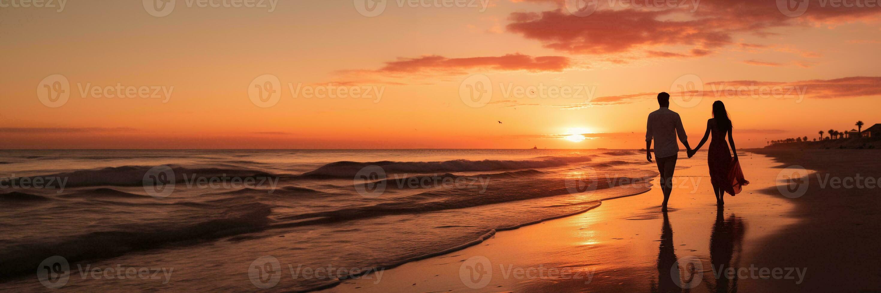 ai gegenereerd liefhebbend paar wandelingen langs de kust Bij schemer in een vredig instelling foto