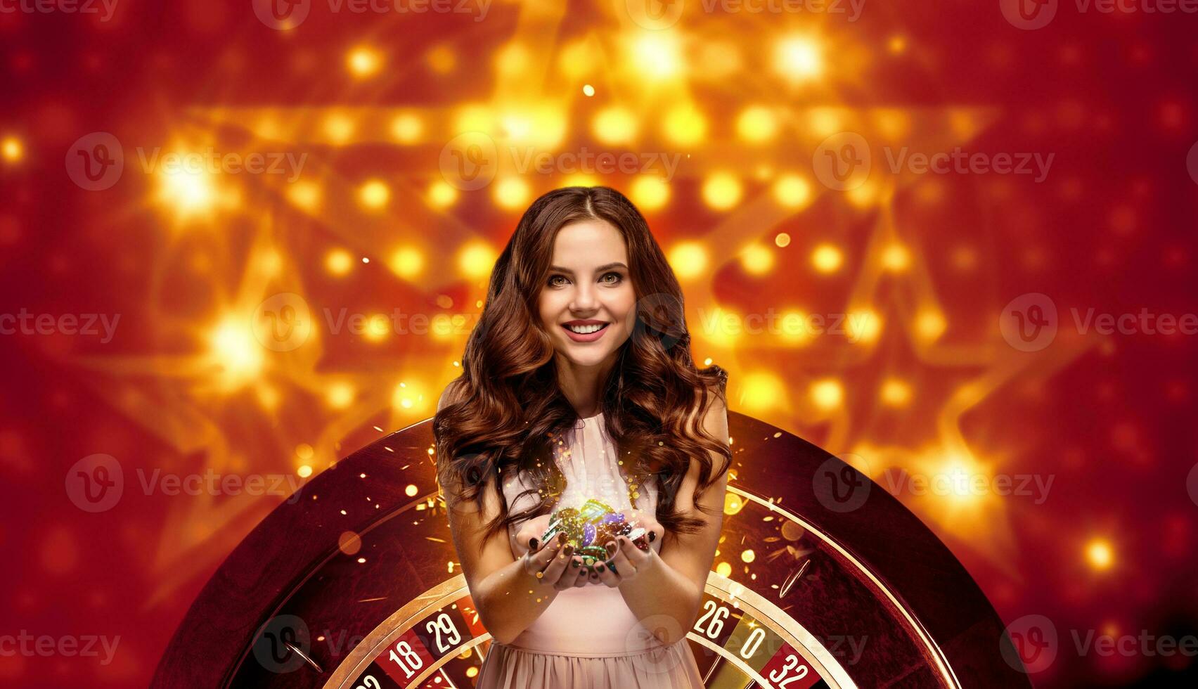 collage van casino afbeeldingen met roulette en vrouw met chips in handen foto