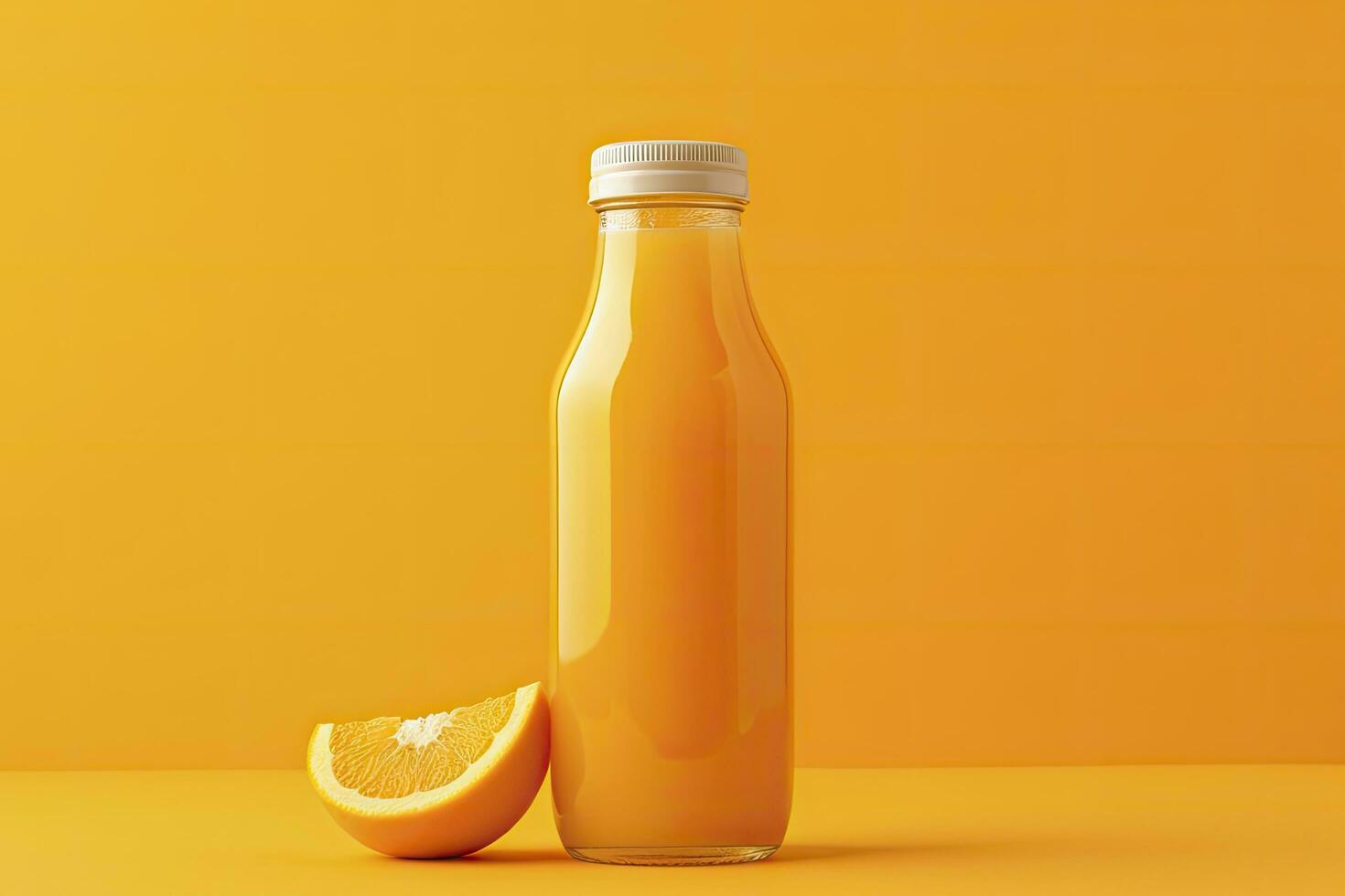 ai gegenereerd oranje sap fles Aan oranje achtergrond. ai gegenereerd foto