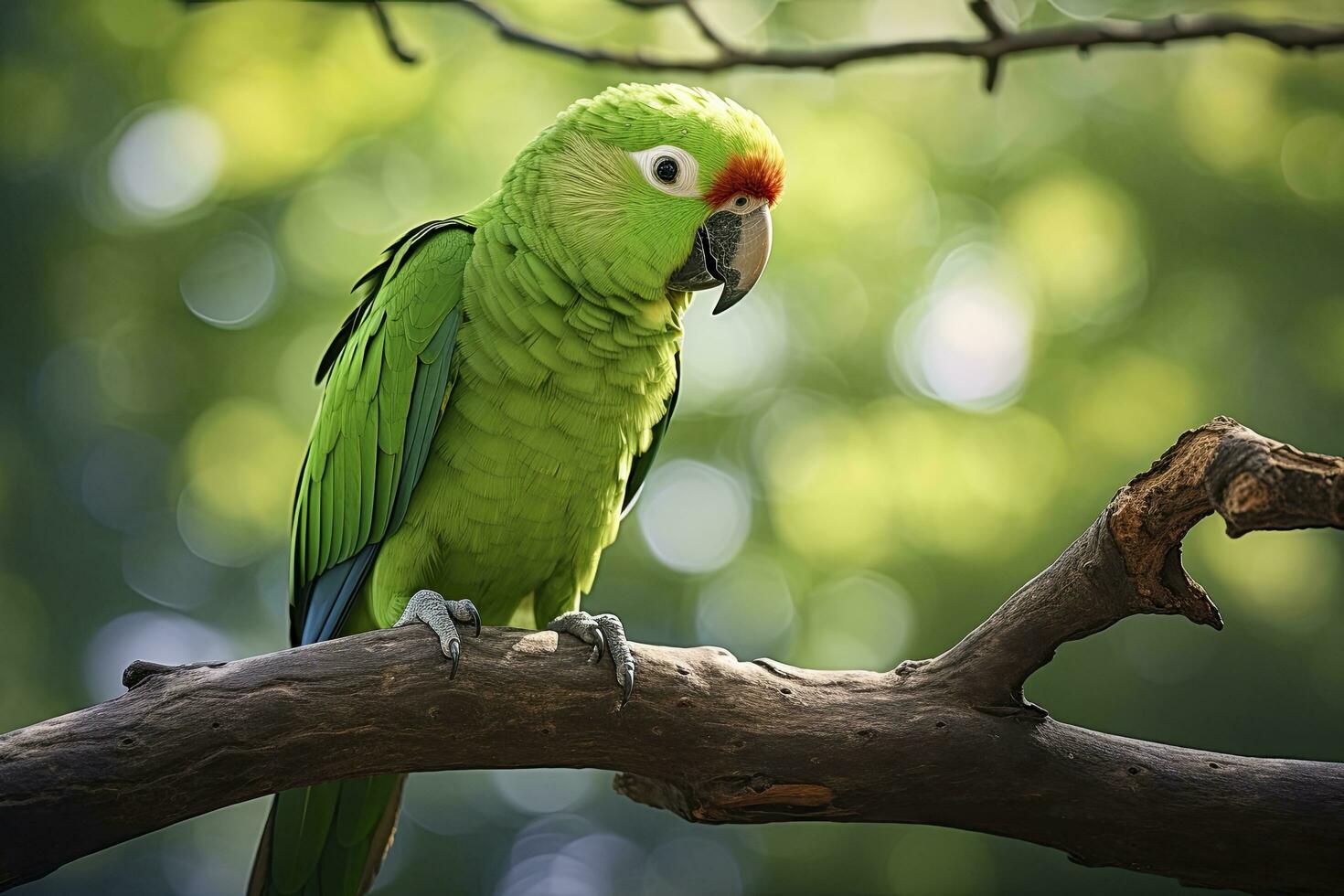 ai gegenereerd een groen papegaai Aan een Afdeling. ai gegenereerd foto