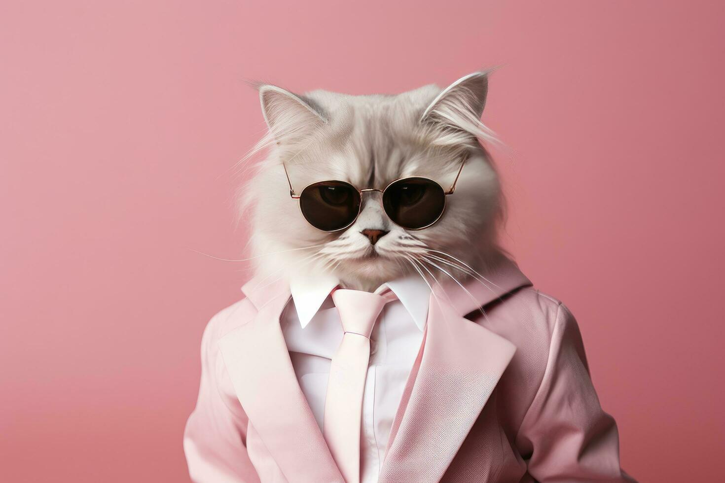 ai gegenereerd een kat is vervelend zonnebril en pak Aan roze achtergrond. ai gegenereerd foto