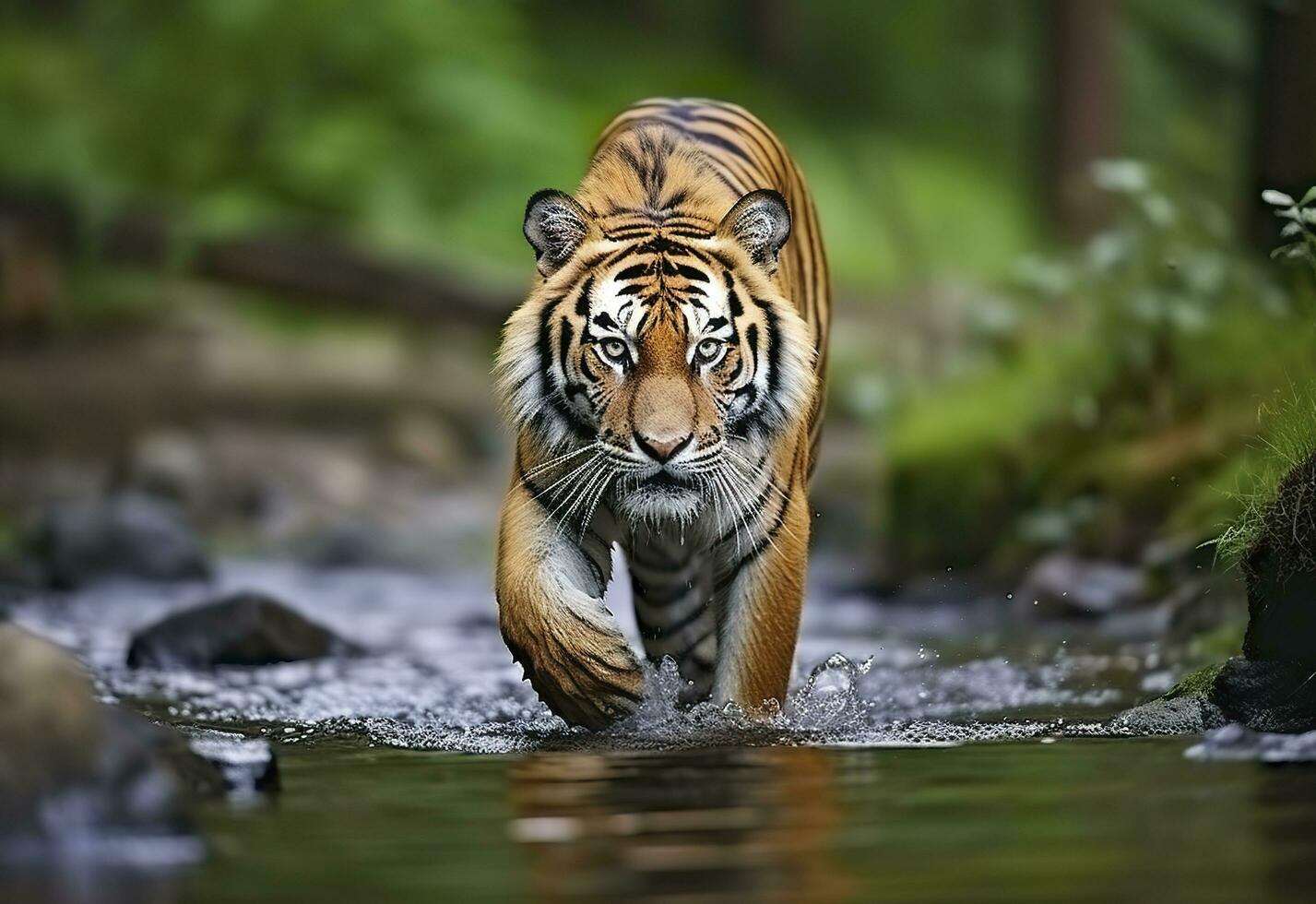 ai gegenereerd amur tijger wandelen in de water. gevaarlijk dier. dier in een groen Woud stroom. generatief ai foto