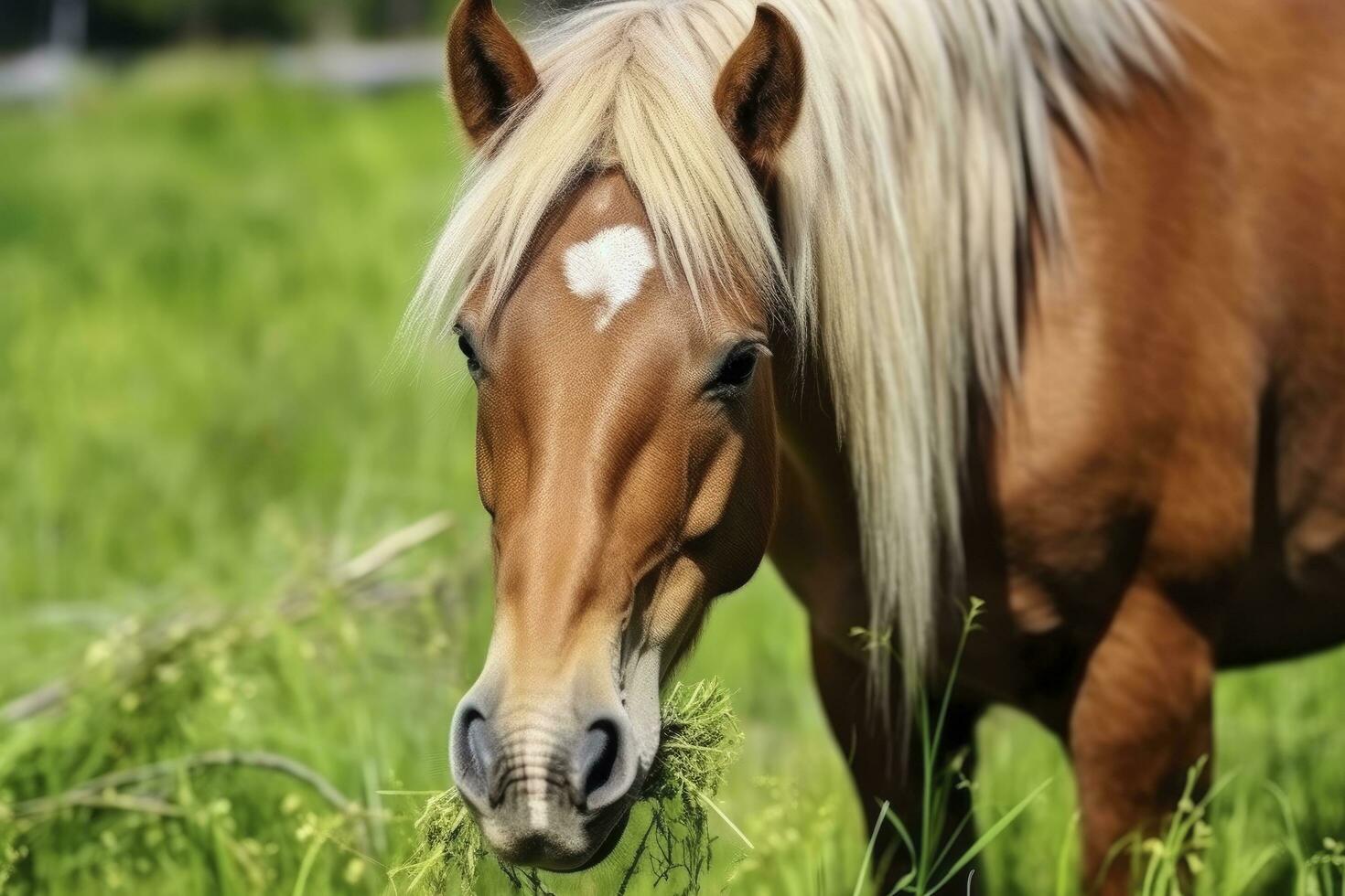 ai gegenereerd bruin paard met blond haar- eet gras Aan een groen weide detail van de hoofd. foto