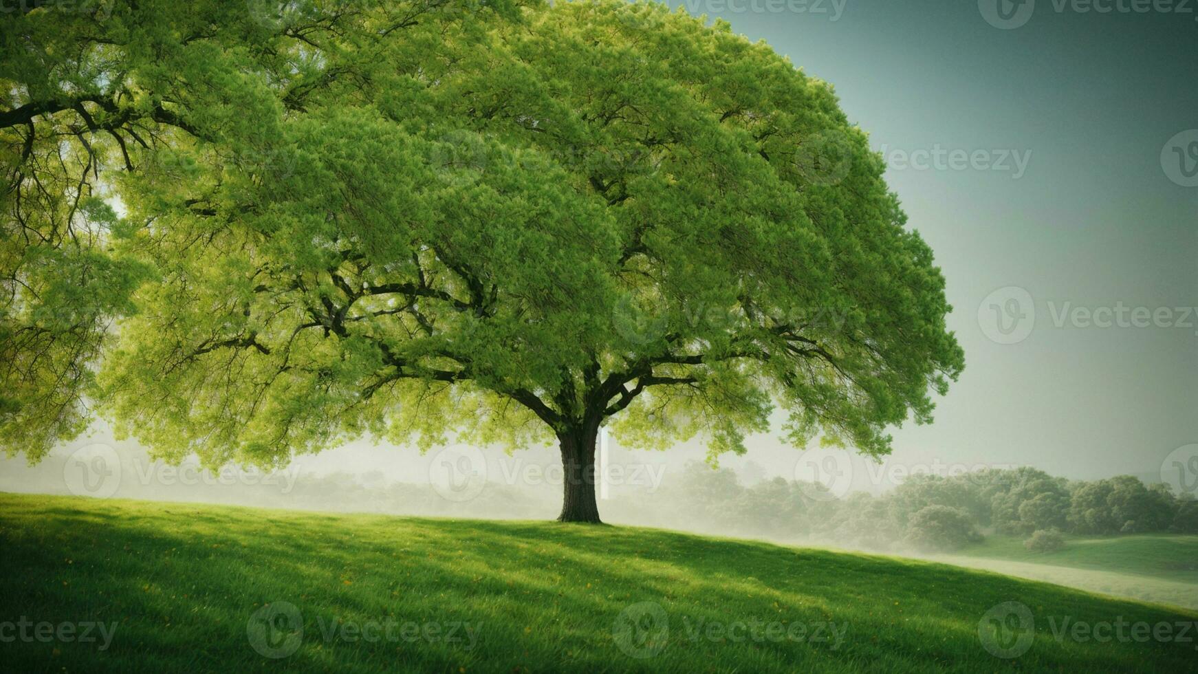 ai gegenereerd graven in de seizoensgebonden veranderingen dat beïnvloeden de absoluut groen boom, verhelderend de nuances van haar uiterlijk gedurende lente, zomer, herfst, en winter. foto