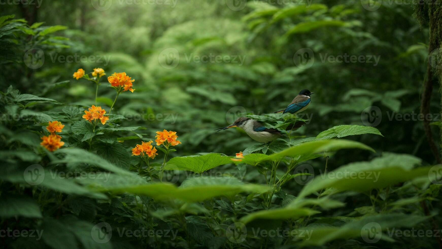 ai gegenereerd onderzoeken de symbiotisch verhouding tussen de divers soorten van flora en fauna binnen de absoluut groen boom natuur achtergrond, benadrukkend de delicaat balans dat houdt stand foto