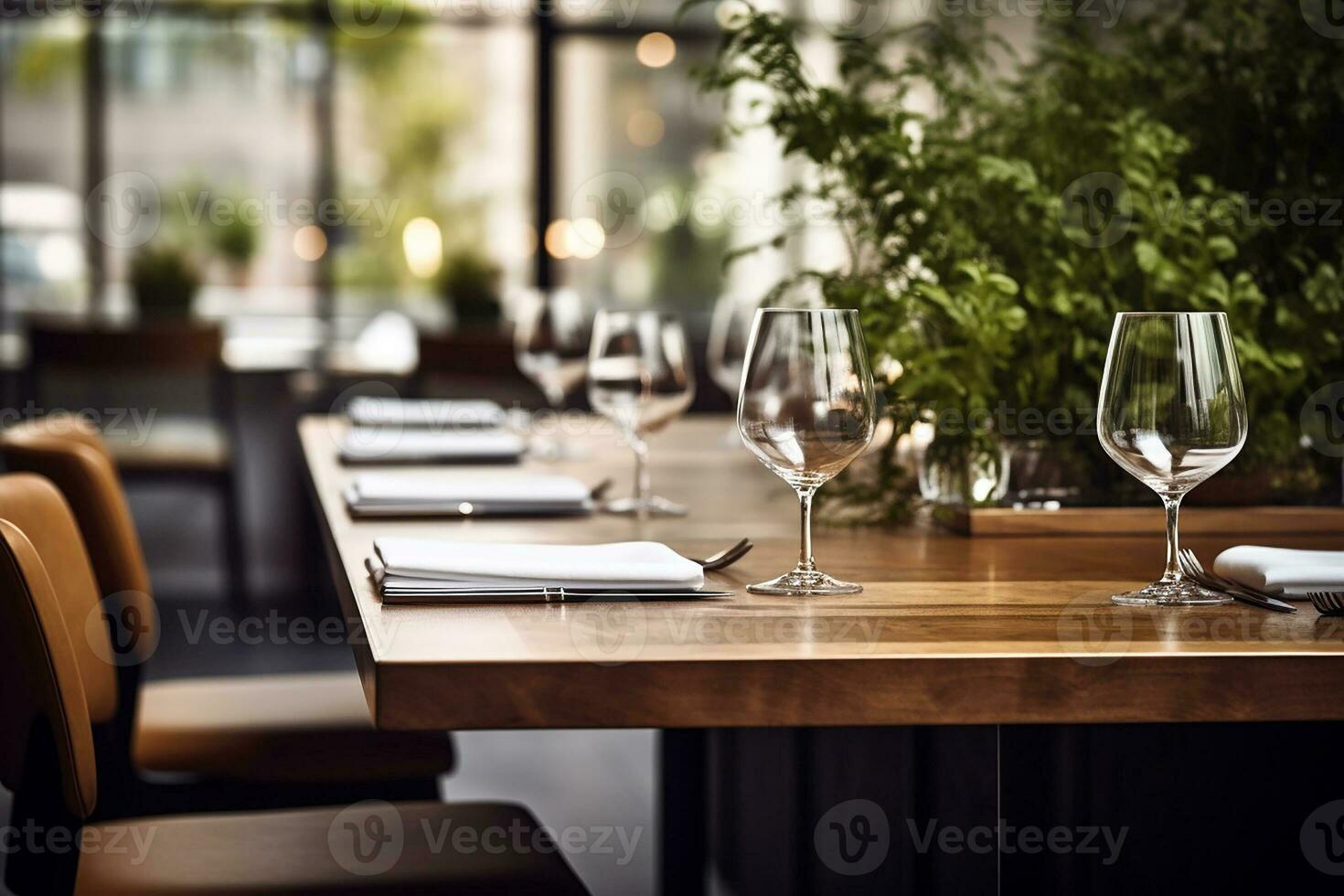 ai gegenereerd elegant minimalistische tafel instelling in upscale restaurant met zacht bokeh achtergrond foto