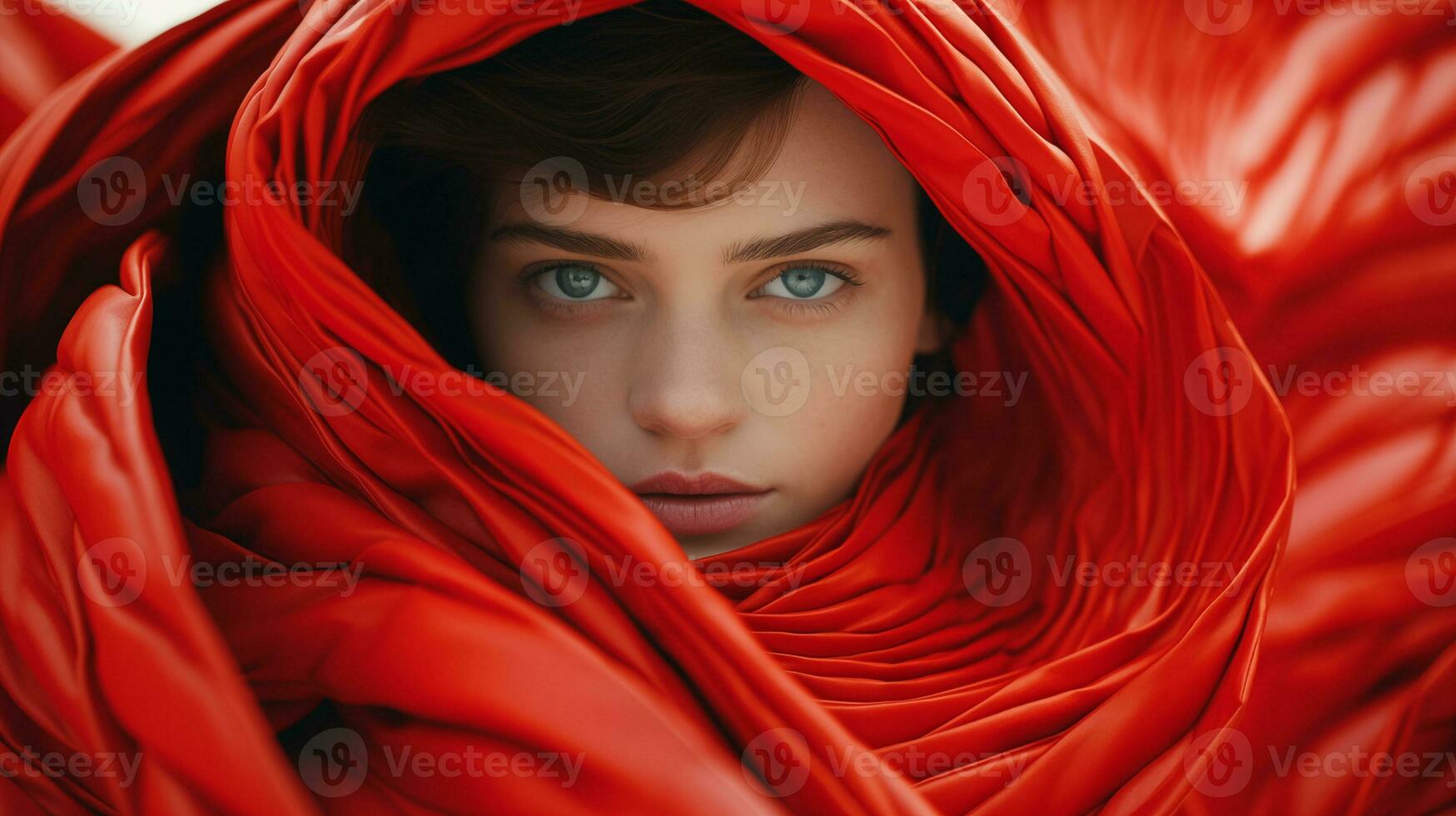 ai gegenereerd vrouw verpakt in levendig rood kleding stof ai gegenereerd foto