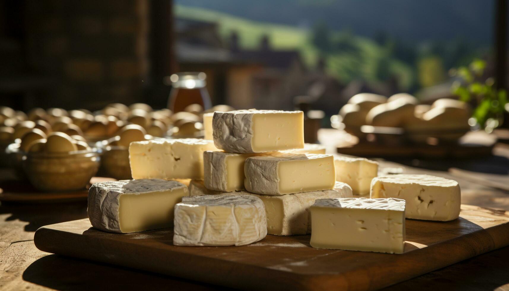 ai gegenereerd vers, biologisch zuivel producten van een Frans boerderij Gruyère, Camembert, Brie gegenereerd door ai foto