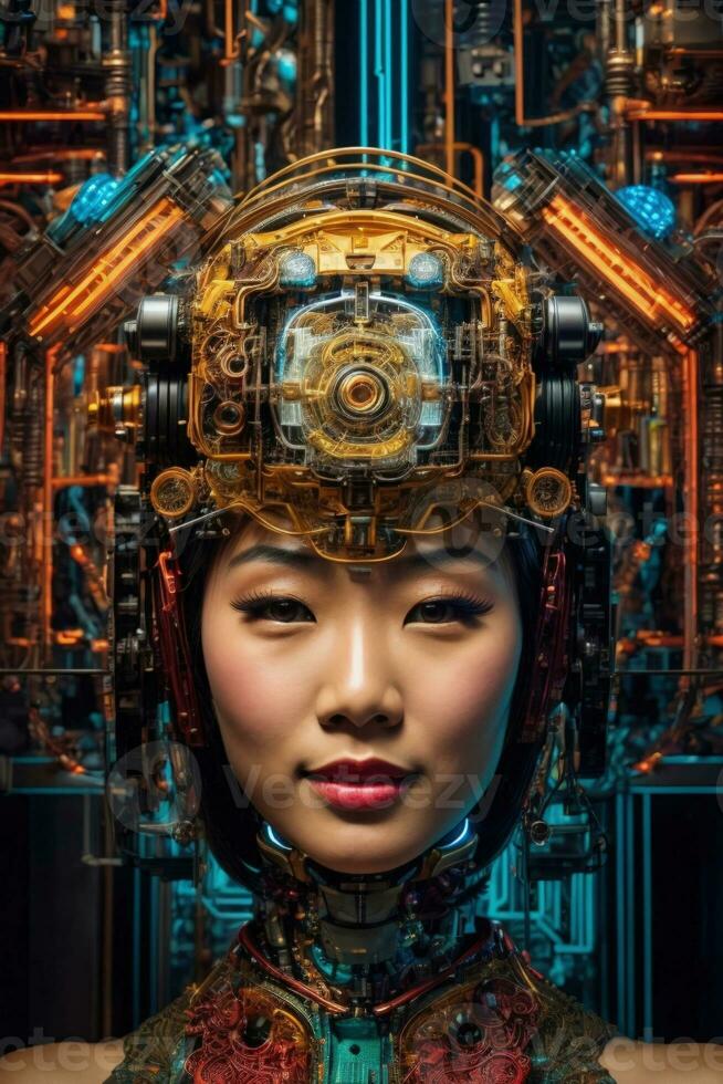 ai gegenereerd vrouw cyborg met mechanismen en draden in hoofd, digitaal technologisch net zo een achtergrond foto