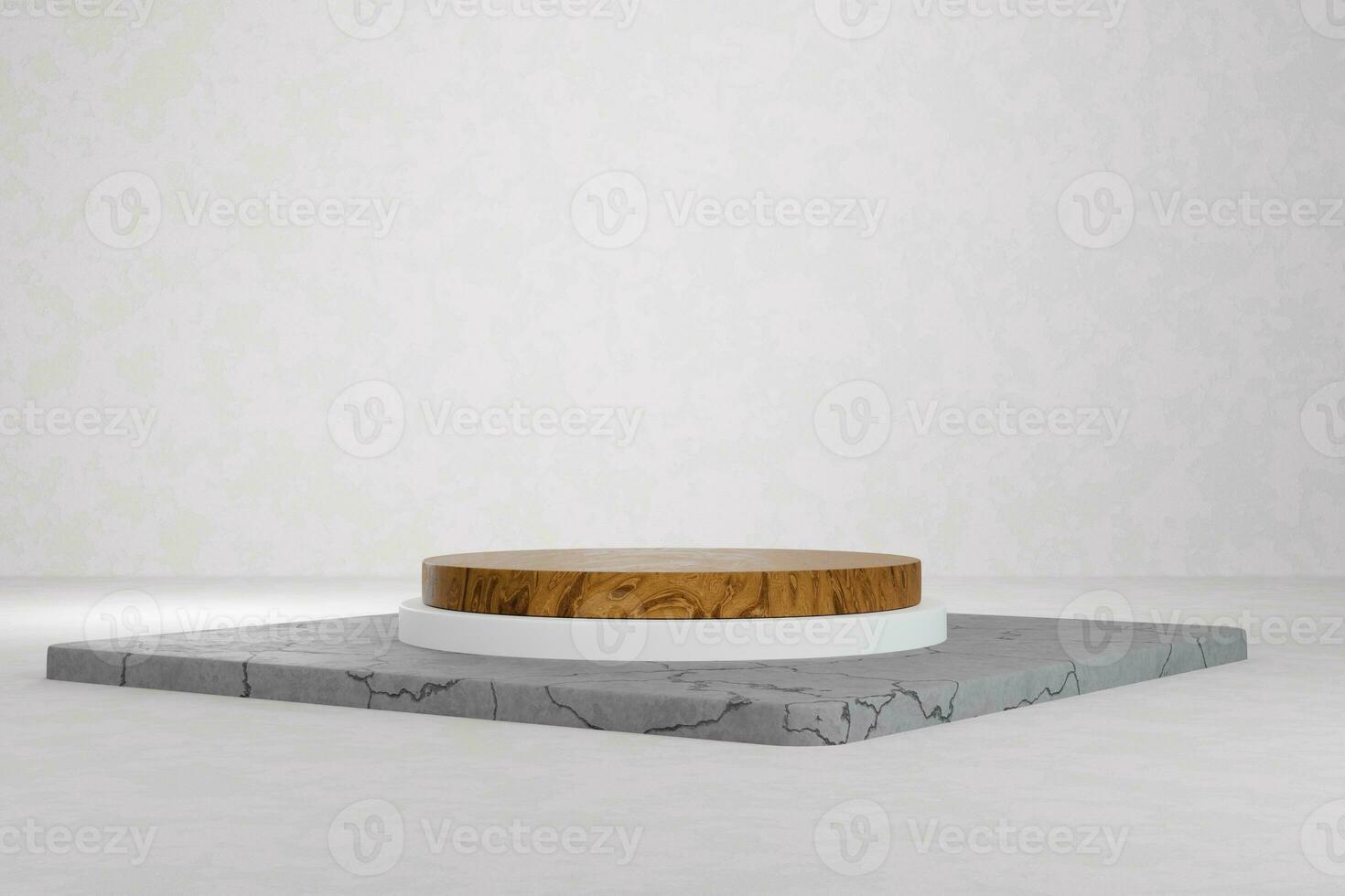 3d renderen modern mockup stap hout podium Scherm podium in een kamer beton verdieping achtergrond foto