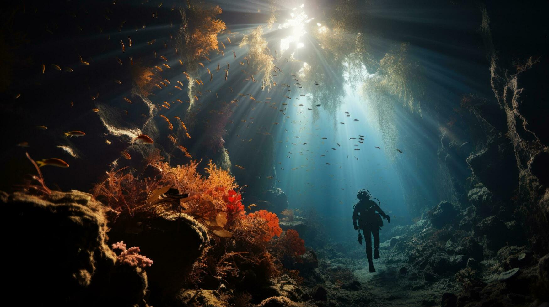 ai gegenereerd een duiker zwemmen door een tunnel van kleurrijk koraal foto