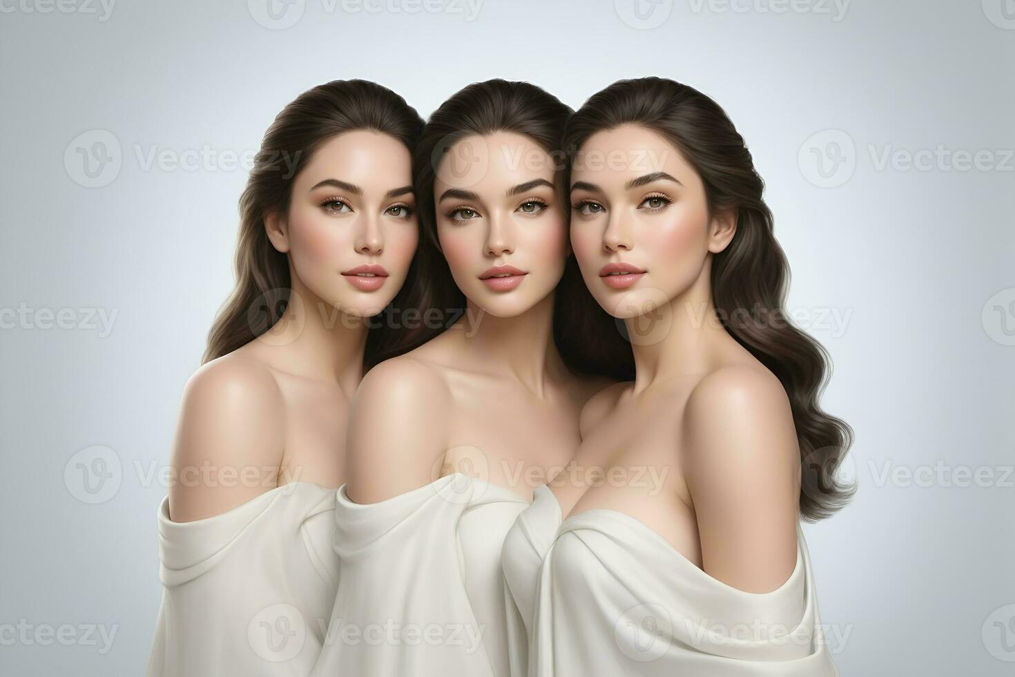 ai gegenereerd mooi jong multi-etnisch Dames met natuurlijk verzinnen. reclame voor vrouw mode modellen, gezicht en lichaam huid zorg. foto