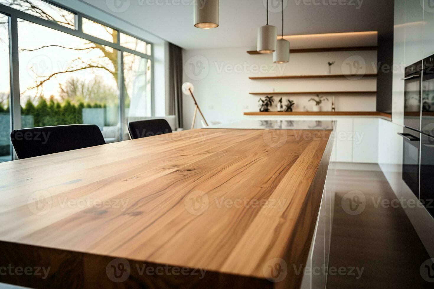 ai gegenereerd houten dining tafel in modern minimalistische huis interieur achtergrond foto