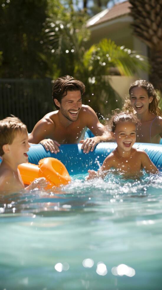 ai gegenereerd gelukkig familie genieten van een dag in zwembad, met kinderen spelen Aan opblaasbaar en ouders loungen dichtbij foto