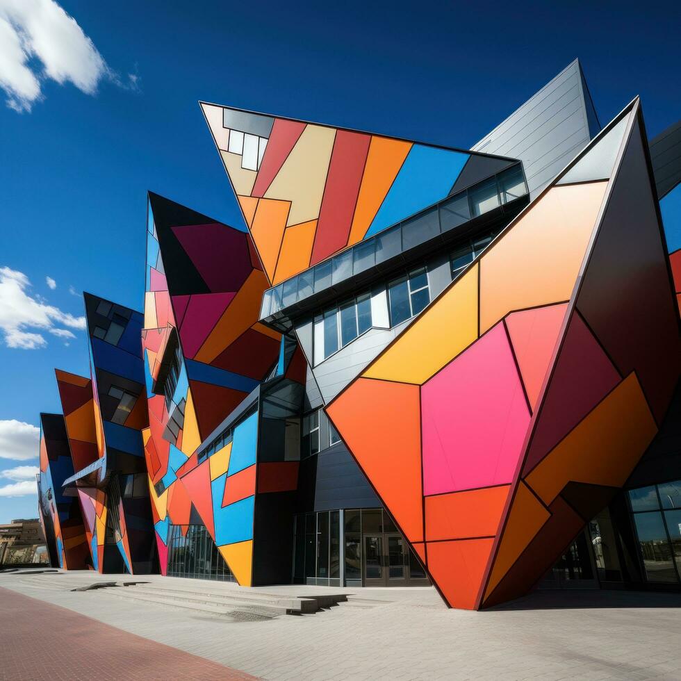 ai gegenereerd geometrisch ontworpen gebouw met scherp hoeken en levendig kleuren, foto